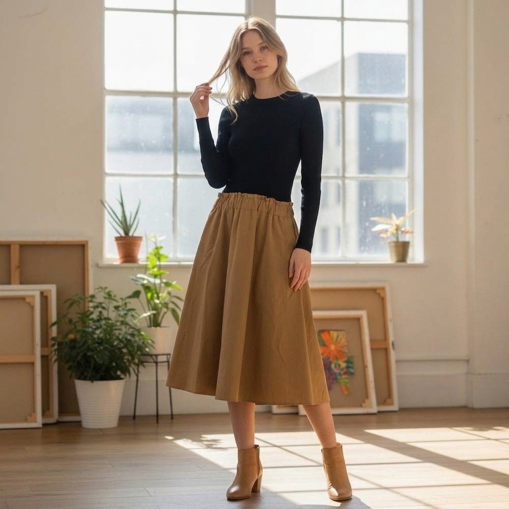 MILA OWEN | Mixed Media Dress Women Japanese Minimalism Navy Tan Paperbag Midi